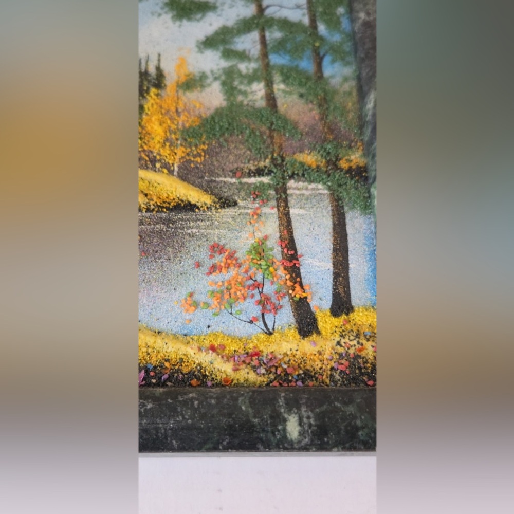 Vintage Russian Fall Scene Mineral Stone Painting in Marble Frame Art - Picture 4 of 10